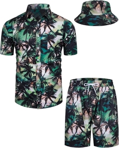 <b>Mens</b> Vintage Summer Set Breathable Hawaiian Shirt & Shorts <b>Bucket</b> <b>Hat</b> Custom OEM Beachwear Clothing Set Wholesale - Product Image 1