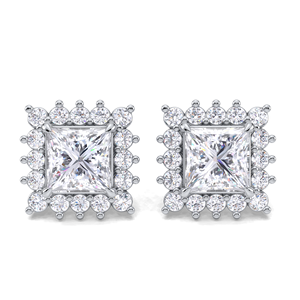 Boucles d'oreilles à clous en diamant taille princesse 1,32 carat avec double halo, en or jaune, blanc et rose 14 carats, fermoir à vis, bijoux de mariée de luxe - Product Image 1