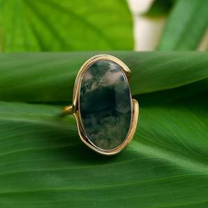 Anillo de ágata musgo de plata esterlina Anillo hecho a mano chapado en oro de 18 quilates Joyería de declaración de ágata de musgo ovalada Anillo de piedras preciosas de oro Vermeil - Product Image 5