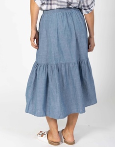 New Custom High Waist Blue Women's Long <b>Skirt</b> with Tiered Silhouette <b>Elastic</b> Waist Ruffles 100% Cotton Casual <b>Skirt</b> - Product Image 2