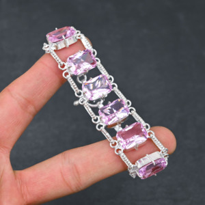 Pulsera de estilo cadena chapada en plata 925 hecha a mano, piedra preciosa kunzita Rosa creada en laboratorio, regalo de joyería fina de diseñador - Product Image 4