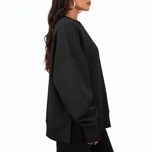 100% coton femmes haut de gamme fendu sweat respirant col rond sur mesure Logo impression solide pull Style OEM - Product Image 3