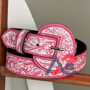 Cinturón con hebillas redondeadas anchas de cuero genuino con herramientas manuales clásicas personalizadas, cinturones vaqueros occidentales con relieve floral turquesa cómodos - Product Image 1