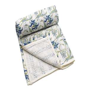 Colcha/Edredón Kantha Tradicional Hecha a Mano con Estampado de Aves y Bordado Floral, para Decoración del Hogar, Lavable - Product Image 1