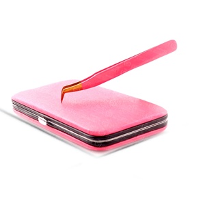 Color <b>Pink</b> Tip Gold Stainless Steel Eyelash Extension Tweezers Extra Sharp Point Hand Crafted Private Label - Product Image 1