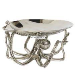 Top Quality Aluminum Casted Silver Color Shiny Polished Round Shape Serving <b>Tray</b> <b>With</b> Octopus Designer Base Stand From India - Product Image 1
