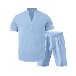 BLIZ SPORTS WEAR Men's Light Blue Cotton Henley T-Shirt Shorts <b>Set</b> Casual Summer <b>Knitted</b> 280 GSM Two Piece Outfit Breathable - Product Image 1