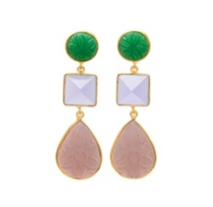 Pendientes colgantes chapados en oro de latón con piedras preciosas multipiedra Rosa verde y dorado - Product Image 1