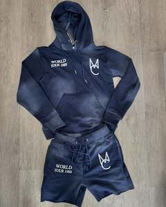 Patchwork de sports de fitness personnalisés pour hommes, ensemble sweat à capuche doublé en satin zippé à manches courtes et short de jogging pour hommes - Product Image 2