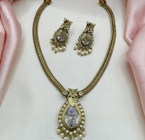 Conjunto de collar antiguo CZ de diseñador con pendientes, conjunto de collar con acabado dorado para boda, boda de diamantes de circón CZ para mujer - Product Image 5