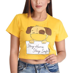 Camiseta Corta Amarilla para Mujer, con Estampado de Perro de Dibujos Animados, Cuello Redondo, Manga Corta, Informal, 100% Algodón Jersey, Corte Regular - Product Image 1