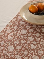 Chemin de table double couche en toile slub premium imprimée au bloc, motif floral, avec pompons, style damassé tissé, blanc floral pour salle à manger