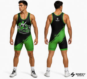 SINEWY SPORTS Singlet de Lucha Libre para Hombre, Personalizado por Sublimación, Elástico en Cuatro Direcciones, Protección UV, Ajustado, Absorbe la Humedad, Verde y Negro - Product Image 1