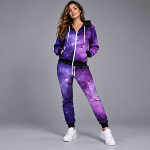 Ensemble de survêtement 2 pièces pour femme avec sweat à capuche zippé et pantalon de jogging, imprimé galaxie personnalisé, 100 % polyester, séchage rapide - Product Image 1