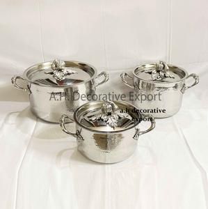 Premium Royal Design Hammered Stainless Steel Cookware Set Silver Leaf Accent Kitchenware Casserole Pan Pots Eco-Friendly Gas - Product Image 3