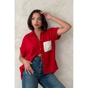 Topshow Women's <b>Red</b> Linen Casual Loose Fit <b>Blouse</b> Shirt with Raw Edge Patch Pockets and Applique Detail for Wholesale - Product Image 1
