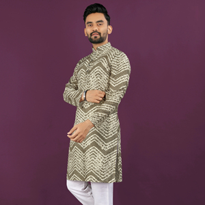 ชุดชุดนอนผ้าฝ้ายผ้าเรยอนสำหรับปาร์ตี้ของผู้ชายชุดถักลายซิกแซก kurta มีรายละเอียดเทศกาล - Product Image 1