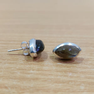 Trendy Rose Gold Plated Labradorite <b>Stud</b> <b>Earrings</b> (3.4 Grams) Diamond and Quartz Bezel <b>Set</b> for Engagement - Product Image 1