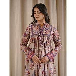 Vestido Corto Bohemio Elegante con Estampado de Algodón Gris Azulado, Talla Única, con Borlas Delanteras, Cintura Natural, Transpirable, Ideal para el Día o para Salir de Fiesta, Talla XS - Product Image 1