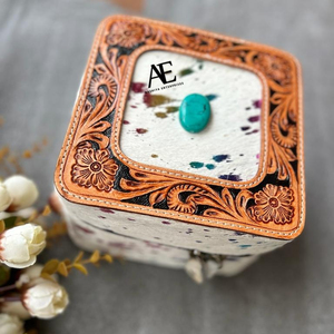 Nouveau Western élégant fabriqué à la main usiné métallique fourrure cuir boîtes à bijoux bijoux essentiels étuis minimes avec pierre Turquoise - Product Image 1