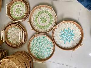 MEILLEUR PRIX Blue Lotus 2025 Plateau en rotin avec incrustation de perles Plateau naturel de luxe pour café, thé et service - Product Image 4