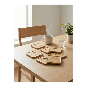 Ensemble de tasses à thé carrées en bambou moderne de 6 pièces avec un aspect bois naturel écologique, assiettes de service de 10x10 cm et design classique - Product Image 1