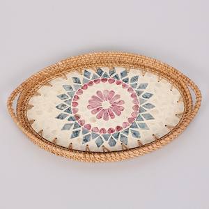 Plateau ovale durable en nacre avec motif géométrique en rotin, écologique, vente en gros pour l'hôtellerie, le stockage, les aliments et les boissons - Product Image 3