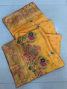 Sari Pasmeena avec un lourd travail de tissage Jari, plusieurs couleurs, pur Georgette Dhwaja, exporté du Gujarat - Product Image 5
