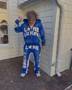 Chándal grueso de felpa francesa de alta calidad, chándal completo personalizado con diamantes de imitación, parche bordado desgastado por el sol, conjunto lavado con ácido - Product Image 3