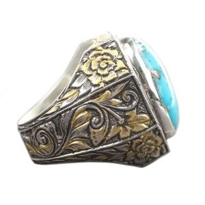 Anillo de Plata de Ley 925 para Hombre, Hecho a Mano, con Piedra de Turquesa Genuina, Diseño de Pluma, Bañado en Rodio, Joyería para Uso Diario - Product Image 5