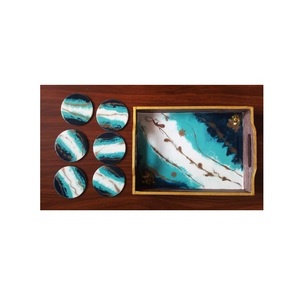 Plateau et sous-verres en bois de mangue avec revêtement en émail pour la maison à moindre coût plateau au design unique avec ensemble de sous-verres - Product Image 1