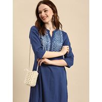 Robe décontractée élégante et tendance pour femme, en coton tissé 100 %, bleu ethnique, manches 3/4, silhouette droite, respirante, idéale pour le bureau ou les soirées.