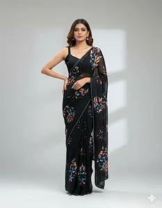 Saree Fabric: Heavy Marshmallow blooming Georgette saree with multi colored digital print swirowski work allover saree - Product Image 2