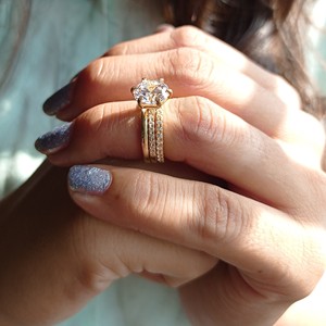 9.00 MM Colorless Round Cut Moissanite Bridal <b>Ring</b> <b>Set</b> Wedding <b>Ring</b> <b>Set</b> in 10K Yellow Gold with Prong Setting and Nickel Free - Product Image 1