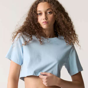 Camiseta corta cuadrada de algodón 100% de gran tamaño para mujer, ropa de calle informal de verano, camisas cortas transpirables con hombros caídos y logotipo frontal tejido - Product Image 2