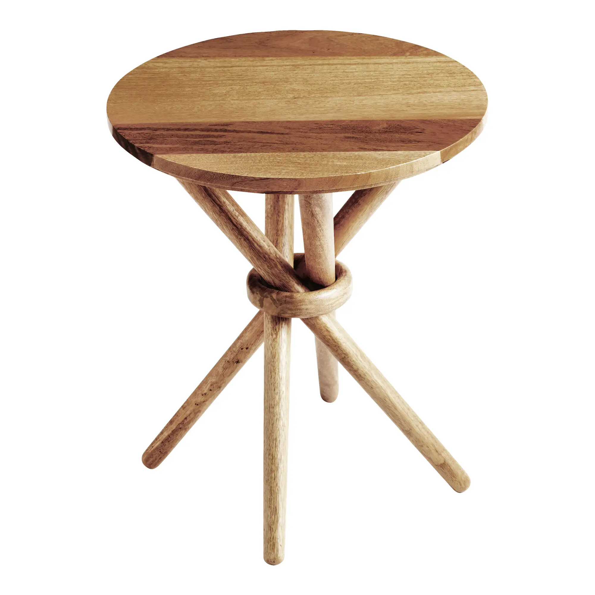 Margareta round side table made of solid teak wood with swivel legs and a natural finish for indoor and outdoor.