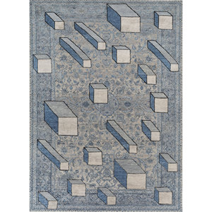 Alfombra AKWS-9001 Azul de Lana y Seda Anudada a Mano con Patrón Abstracto para Uso Doméstico, Jugando con la Tradición - Product Image 1