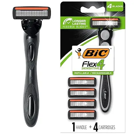 BIC Flex 4 rasoirs rechargeables pour hommes, rasoirs longue durée à 4 lames pour peaux sensibles, 1 poignée et 4 cartouches,