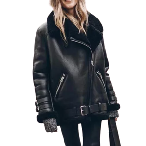 Chaqueta de piel de oveja negra de primera calidad para mujer, abrigo superventas, ropa de calle, chaqueta Bomber elegante para mujer - Product Image 4