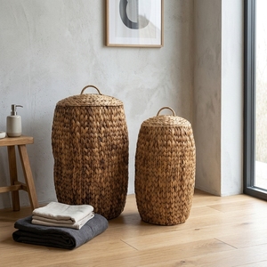 Ensemble de paniers de rangement en jacinthe d'eau naturelle, panier à linge cylindrique tressé avec couvercle assorti et poignée en arche, décoration artistique pour la maison - Product Image 6