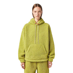 Sweat à capuche en fourrure de Teddy décontracté vert mousse pour hommes et femmes avec ourlet brut et logo d'étiquette jacquard - Product Image 5