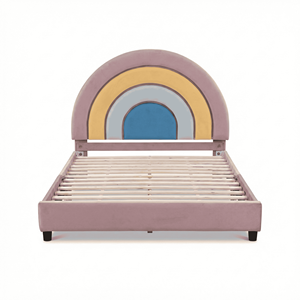 New Eco-Friendly Kids <b>Bed</b> Frame LED Upholstered Velvet Rainbow Design Twin Size for Kindergarten Bedroom Furniture Sturdy Frames - Product Image 4