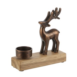 Porte-bougie en métal fait main en forme de renne avec base en bois, finition bronze, figurine de cerf, porte-bougie chauffe-plat pour décoration de Noël - Product Image 1