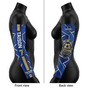 Manguitos de Fútbol para Mujer, Premium, 220 GSM, Poliéster y Spandex, Transpirables, Elásticos, Diseño de Paneles Azules y Dorados, Logotipo Personalizado por Sublimación - Product Image 1