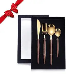 新设计金属餐具套装皇家不锈钢金色餐具，带棕色手柄，用于家庭和婚礼餐桌装饰