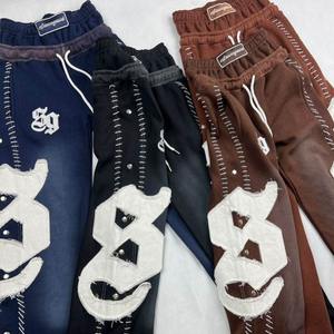 100% Cotton 3d Embroidery Applique Vintage Stitched Oversized Rhinestone French Terry Double <b>Waisted</b> Baggy <b>Men</b> Flare Sweatpants - Product Image 2