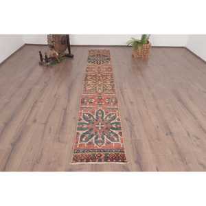 Vintage Turkish Rug, 1.6x10.2 ft <b>Runner</b> Rug, <b>Red</b> Blue Floral Rug - Product Image 1