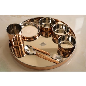 Juego Thali de acabado de cobre puro indio de alta calidad para servir vajilla de comedor ThaliSet de bronce Kansa Premium tradicional indio - Product Image 6