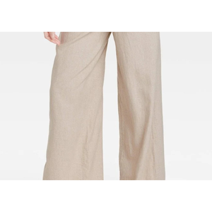 Pantalon en lin décontracté taille haute à jambe large avec taille élastique, respirant, beige, motif formel – Nouvelle collection - Product Image 3