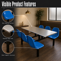 Ensemble table et chaises de restaurant rectangulaires bleues, structure métallique, sièges en plastique pour salle à manger de cantine